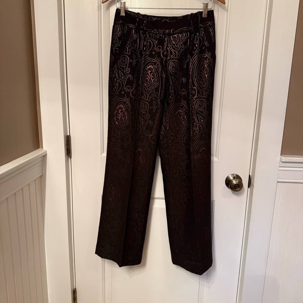 ETCETERA PANTS TROUSERS BLACK COPPER BROWN METALLIC FLORAL POCKETS SIZE 2
